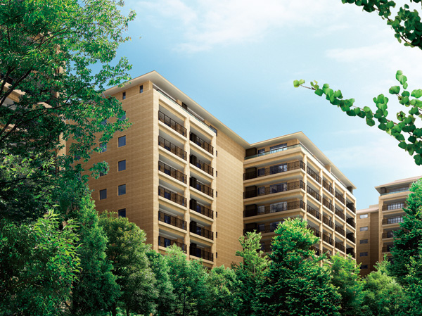 Features of the building.  [Born in the forest of Hiroo, New city landscape] The back of the center forest located in the center of the site, Among the Hiroo Garden Forest at the top of the hill, It is born in the raised position, "Camellia Residence". It has been nurtured in this gated community, While lead to the rich forests and gradual, It creates a new color to the city landscape. (Exterior CG views from the center forest)