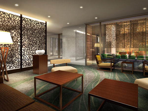 Features of the building.  [It is honed to the inner from the outer, Aesthetics of the house] Continued from the outside of the hedge, Camellia has established a motif of design Wall, Lounge alive of mild time. The camellia residence of each building, which consists of two buildings, Providing a one-by-one lounge, I drew a different space in each. Arranged casually art, such as paintings and objects, To produce a fine time to spend here. (H Building lounge Rendering CG)