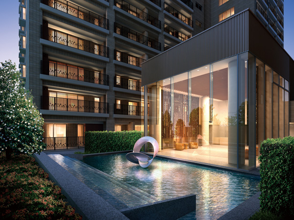 Features of the building.  [To produce a time and spacious, Water landscape] Water flows in the gentle stepped, Water terrace to create a gentle waveform. As vestibule of Forest Hall camellia, It will produce some of calm and moisture landscape. Art that the motif camellia disposed centrally, Reflected in the soft surface of the water, Every moment, By changing the appearance, Stimulate the sensibility, It'll be ask to live better aesthetics of. (Water Terrace Rendering CG)