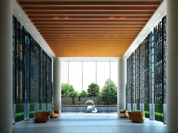 Features of the building.  [In art reflected on the surface of the water, Space of Yingbin that sensibility is well-honed] Spread before you exit the entrance, Open large space. From the back of the Water Terrace, Waveform of gently flowing water, Such as spread as it is, Floor of smooth granite produce a soft space. On top of the gently undulating basin is, The motif of the camellia, I placed the Art. Day are lit up when the sink, Richly to change the impression of the whole hall. (Forest Hall camellia Rendering CG)