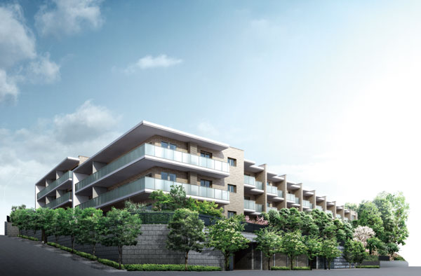 Features of the building.  [On stage overlooking the southeast, Low-rise three-storey, Residence of all 114 House] Precisely because we live to be born in the vast grounds of about 8000 square meters, which spread to the stage overlooking the southeast, It was devised commensurate also with respect to the shape of the building. The front of the facade (building outer wall) is, Every single dwelling unit is adopted echelon type of form, such as the rhythm. Along with the changes in the skyline, It brings a rich look. on the other hand, Adopted a horizontal facade for buildings south, In urban and sharp impression. further, Spread the branches rich greenery in the retaining wall surrounding the foundation part, Creating a high-wrapped privacy of the green living environment. The residence of the low-rise stories, such as floating on top of the Mori, And soft harmony with the surrounding environment. (Exterior view)