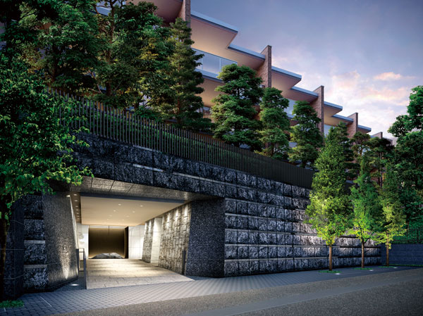 Features of the building.  [It invites to Okufukaki story, Mongamae of mansion] Through a scene rich "sequence (a sequence of Jing)", It is a place to arrive. Design concept it has been handed down in the land of extensive history as a mansion. Mongamae to show the dignified facial expression, Natural stone to draw a scene rich in weave Fushu, It invites the grace to the private residence spread in the back. The sits previously traced the flow line, Jing stone praised the beautiful tradition of Japan. Worthy of the "hundred year of the mansion play", As Yingbin space filled with dignity, We played a magnificent Naru prologue to another world. (Entrance Rendering)