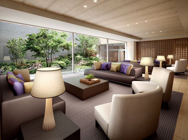 Features of the building.  [Light Court Lounge] A rich expression of nature, That leads to the internal space. Taking advantage of the characteristics of slope, Creating a space of "light garden" by delving into the central part of the courtyard. As the center of the flow line continuing into five elevator hall, Including the lounge space and was to the common areas, Put richly lead to shimmer and natural transitory of light. (Rendering)