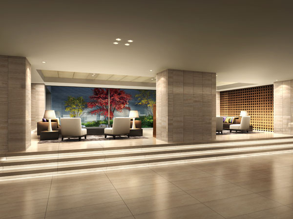 Features of the building.  [Entrance hall] The back of the lounge space of the entrance hall, Aiming to salon space where people can interact and relax, Reproduce the Japanese house that incorporates the Western specific design. Wall with travertine (marble) of beige ・ floor ・ In addition to the grid was assembled in the wood, Fireplace inherited from the restaurant era Carousel exudes the flavor, which is backed by history. Also, Hope to the other side of the large windows "light garden" is, Light pours structure from the street top of the name. It brings the grace of the soft light to the people who relax in the lounge. (Rendering)