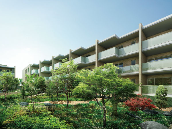 Features of the building.  [Space plan with enhanced private property] Suiryoku is surrounded by three of the building Garden (courtyard) is, Private garden that can not perceive from the outside. In rich undulating terrain, Nature will portray the special scenery of the four seasons. further, Cobbled and lanterns from the restaurant era, Interwoven and Jing stone, Also it has a garden space where you can enjoy the view from the upper floors. (Suiryoku Garden (courtyard) Rendering)