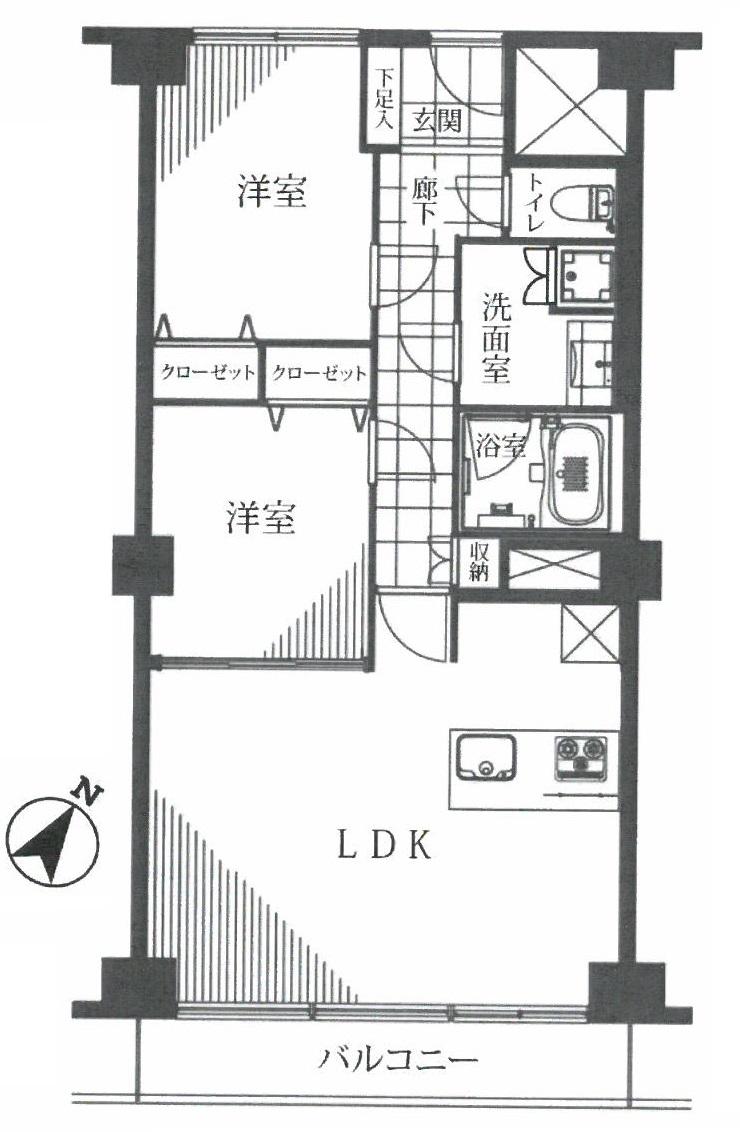 Floor plan. 2LDK, Price 54,800,000 yen, Occupied area 64.98 sq m , Balcony area 8.55 sq m