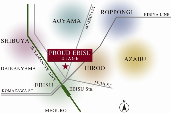 Area schematic view. Komazawa street that connects the Daikanyama and Aoyama (adjacent), Meiji Street that connects the Shibuya and Hiroo (about 100m). Local is located in the intersection area of the two inner-city trend Street, Ebisu ・ Hiroo ・ Shibuya ・ Daikanyama ・ Aoyama ・ Linen ・ Roppongi has become a routine of the area