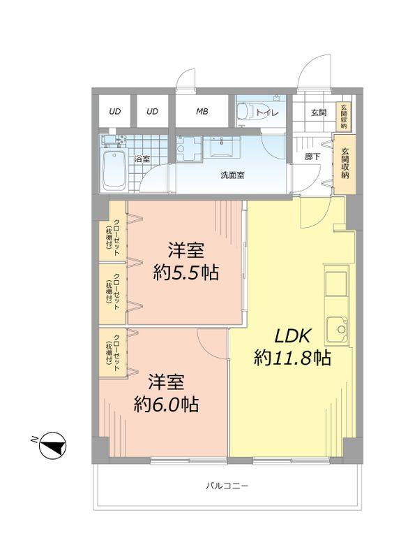 Floor plan. 2LDK, Price 32,990,000 yen, Footprint 57.6 sq m , Balcony area 6.4 sq m
