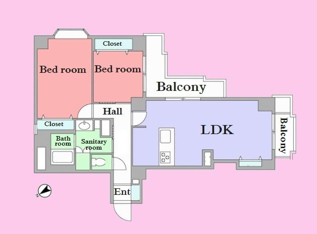 Floor plan. 2LDK, Price 52,800,000 yen, Occupied area 65.57 sq m , Balcony area 10.68 sq m