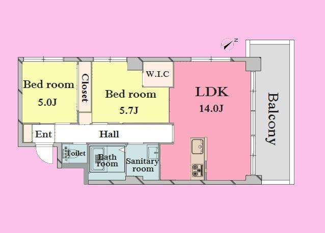 Floor plan. 2LDK, Price 44,800,000 yen, Occupied area 55.61 sq m , Balcony area 11.7 sq m