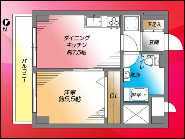 Floor plan. 1DK, Price 18.6 million yen, Footprint 35.1 sq m , Balcony area 5.4 sq m