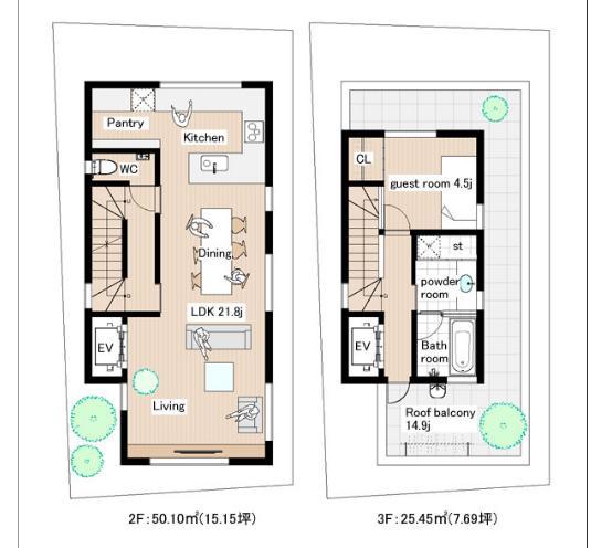 Other building plan example.  [Tripartition] Building plan Example A compartment (2F ・ 3F) building price 85 million yen, Building area 84.07 sq m