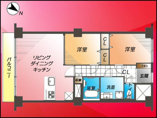Floor plan. 2LDK, Price 54,800,000 yen, Occupied area 64.98 sq m , Balcony area 8.55 sq m