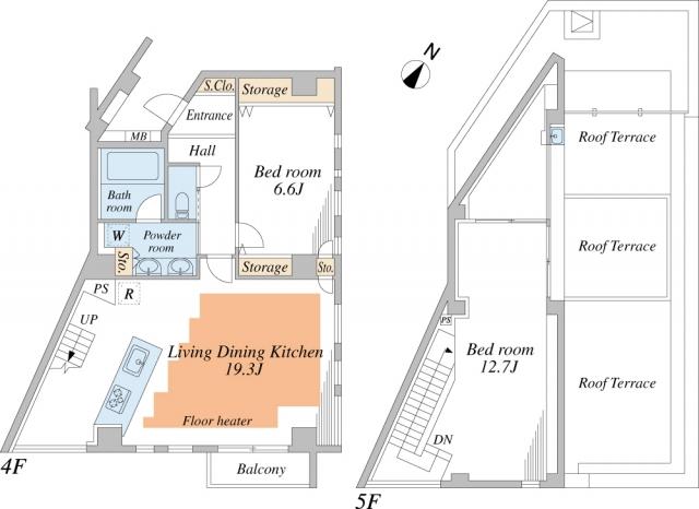 Floor plan. 2LDK + S (storeroom), Price 79,800,000 yen, Occupied area 97.64 sq m , Balcony area 34.47 sq m 4 ・ There is a 5-floor maisonette housed in the whole room, 5 to Kaioku also a walk-in closet