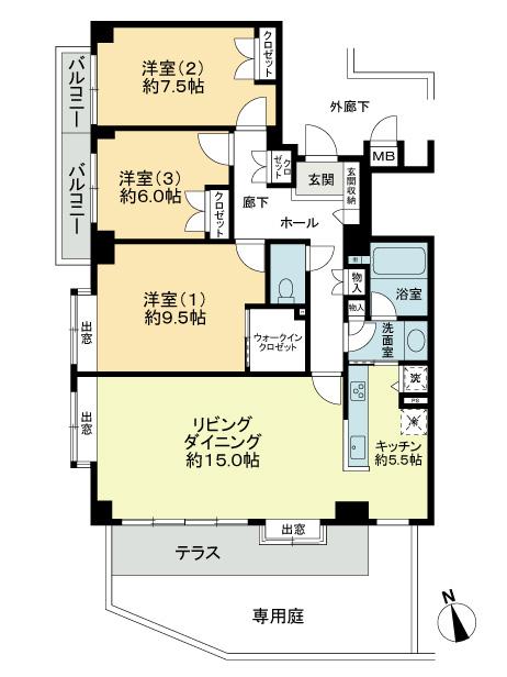 Floor plan. 3LDK, Price 84,800,000 yen, Footprint 99.9 sq m , Balcony area 5.74 sq m southwest angle room, Terrace 9.11 sq m + a private garden with 15.97 sq m