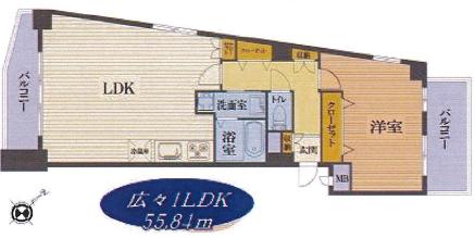 Floor plan. 1LDK, Price 42,800,000 yen, Occupied area 55.84 sq m , Balcony area 4.86 sq m