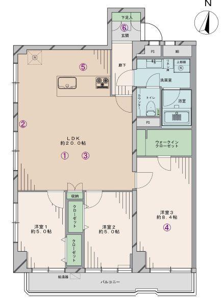 Floor plan. 3LDK, Price 59,800,000 yen, Occupied area 85.14 sq m , Balcony area 7.61 sq m