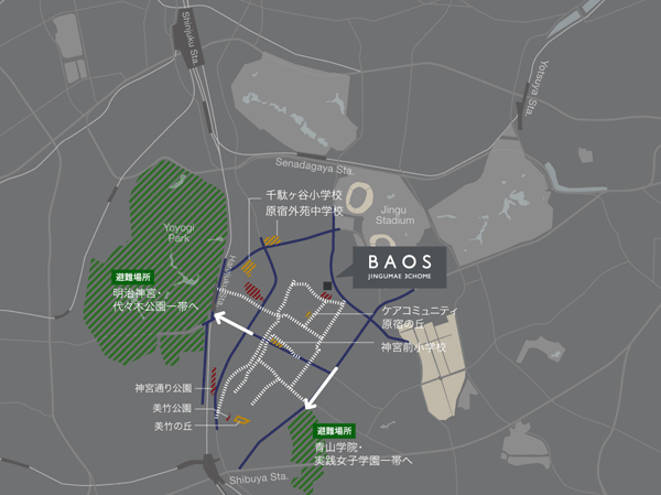Surrounding environment. Refuge in case of emergency easy peace of mind of the environment. To foster the local disaster prevention town development momentum. Fireproofing of buildings ・ And promote earthquake resistance. Fire fighting in the event of a disaster ・ relief ・ Rescue operations, etc. smoothly, And, In order to form a city that allows more extensive, We will work to enhance space and network formation of a main road in the district. (Local peripheral conceptual diagram)