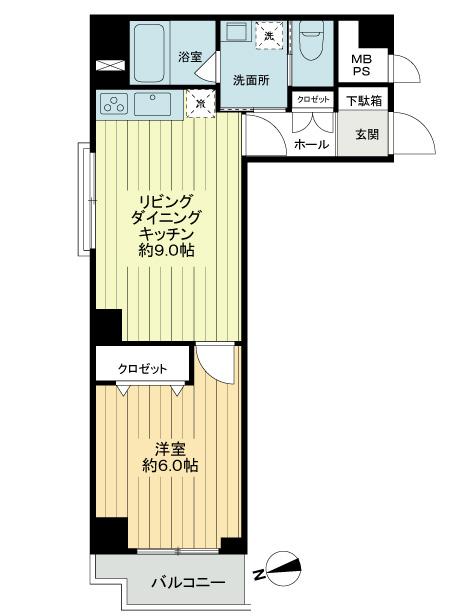 Floor plan. 1LDK, Price 21,800,000 yen, Occupied area 37.71 sq m , Balcony area 2.57 sq m square room ・ Two-sided lighting! Water around the three-point independent!