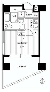 Floor plan. 1K, Price 18.5 million yen, Occupied area 21.43 sq m , Balcony area 10.48 sq m