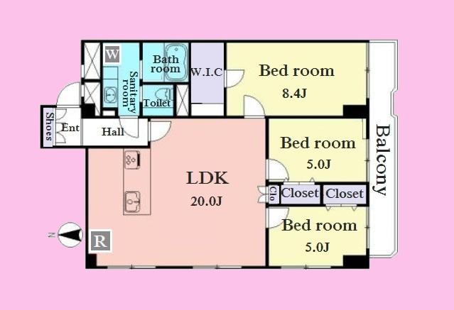 Floor plan. 3LDK, Price 59,800,000 yen, Occupied area 85.14 sq m , Balcony area 7.61 sq m