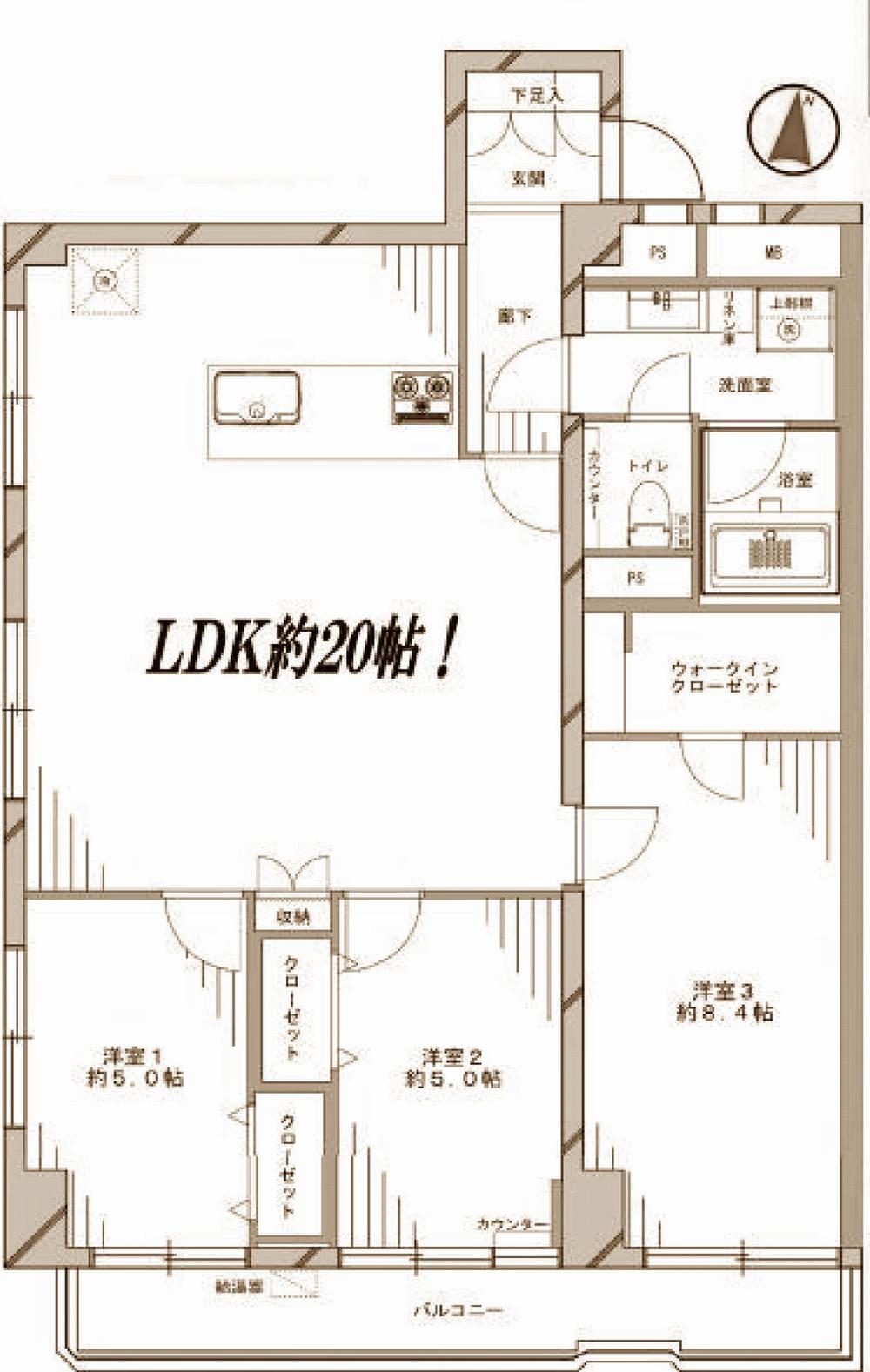 Floor plan. 3LDK, Price 59,800,000 yen, Occupied area 85.14 sq m , 3LDK of balcony area 7.61 sq m south-facing Indoor Video published in