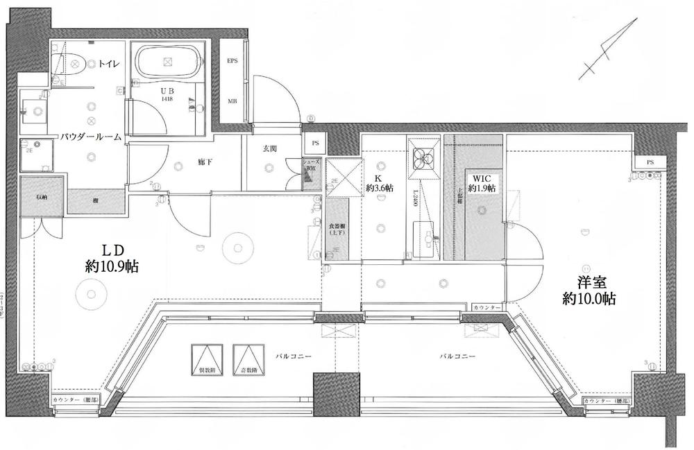 Floor plan. 1LDK, Price 45,800,000 yen, Occupied area 62.12 sq m , Balcony area 13.83 sq m