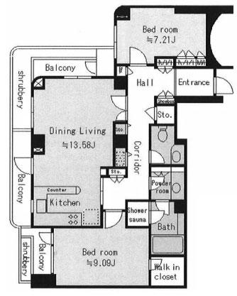 Floor plan. 2LDK, Price 65 million yen, Occupied area 93.78 sq m , Balcony area 18.75 sq m