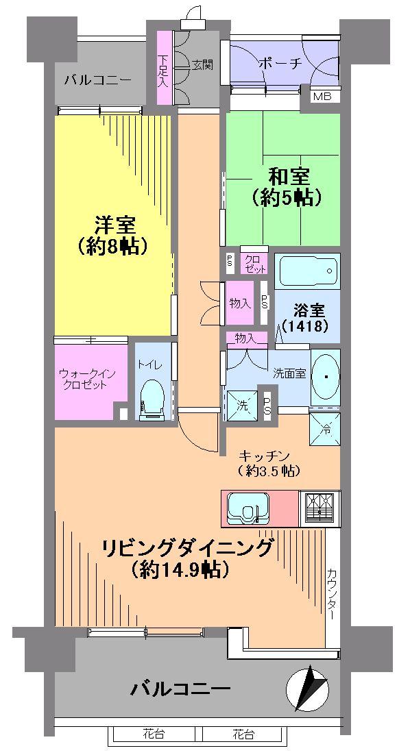 Floor plan. 2LDK, Price 59,800,000 yen, Occupied area 73.29 sq m , Balcony area 15.17 sq m