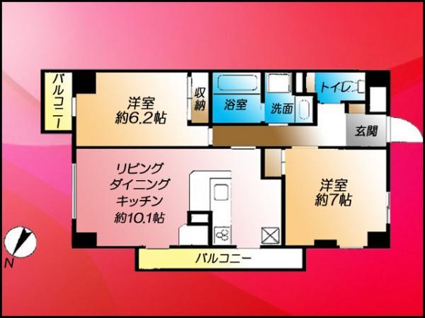 Floor plan. 2LDK, Price 49,800,000 yen, Occupied area 61.08 sq m , Balcony area 6.6 sq m