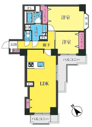 Floor plan. 2LDK, Price 52,800,000 yen, Occupied area 65.57 sq m , Balcony area 10.68 sq m