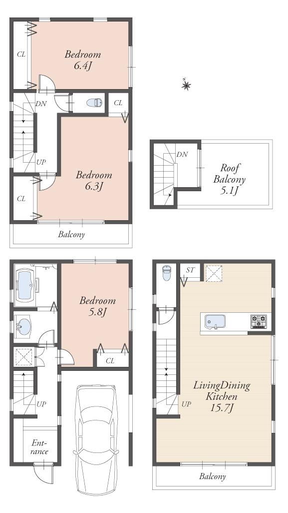 Building plan example (floor plan). Building plan example (B compartment) 3LDK, Land price 53,100,000 yen, Land area 51.61 sq m , Building price 14.7 million yen, Building area 88.35 sq m