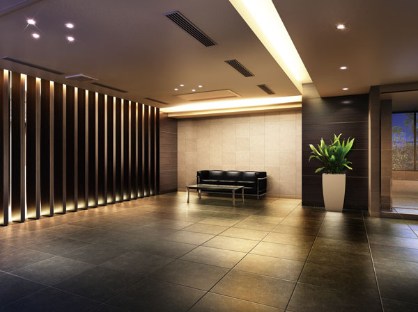 Features of the building.  [Entrance hall] When you return home, When a customer came to visit, Important place to always pass. It is "Entrance Hall". Leave the bustle of the city, When you enter the beautifully designed building, Turn to, such as somewhere in the mind is relieved, Spread the space of silence. Let ceiling of white felt larger space, While it takes soften the light of indirect lighting, Black system of tile tightens the room in which a stately. (Rendering)