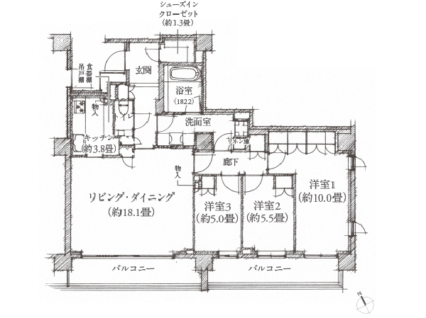 100B type / 3LDK + SIC footprint / 103.36 square meters Balcony area / 19.40 square meters SIC = shoes closet