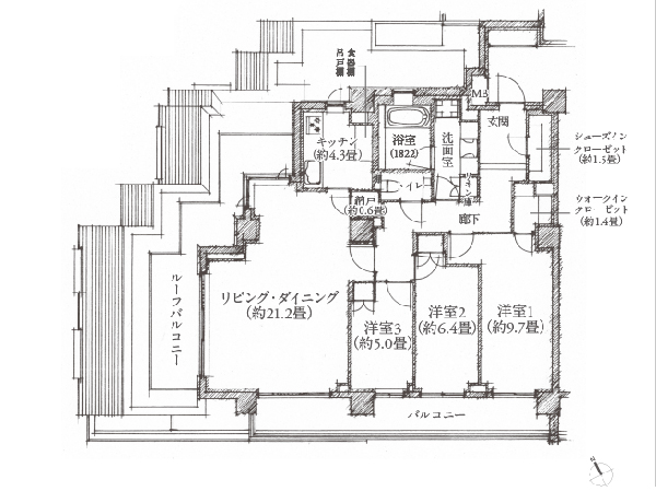 100Dr type / 3LDK + WIC + SIC footprint / 109.96 square meters Balcony area / 15.22 square meters roof balcony area / 17.06 square meters