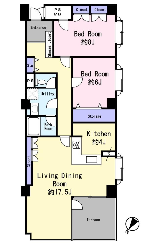 Floor plan. 2LDK, Price 45,800,000 yen, Occupied area 88.02 sq m , Balcony area 8.7 sq m