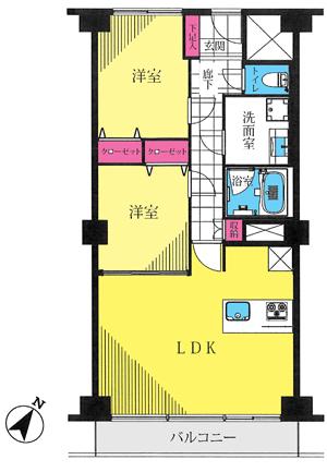 Floor plan. 2LDK, Price 54,800,000 yen, Occupied area 64.98 sq m , Balcony area 8.55 sq m