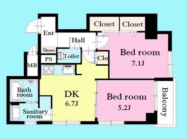 Floor plan. 2DK, Price 38,900,000 yen, Occupied area 46.49 sq m , Balcony area 2.76 sq m