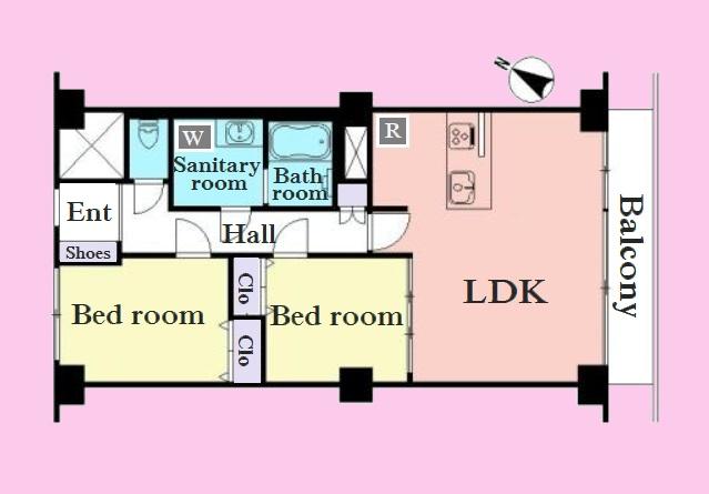 Floor plan. 2LDK, Price 54,800,000 yen, Occupied area 64.98 sq m , Balcony area 8.55 sq m