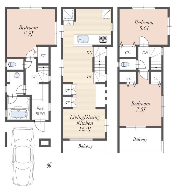 Floor plan. (B), Price 53,800,000 yen, 3LDK, Land area 54.5 sq m , Building area 97.35 sq m