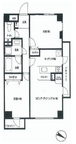 Floor plan. 2LDK, Price 49,800,000 yen, Occupied area 61.08 sq m , Balcony area 6.6 sq m