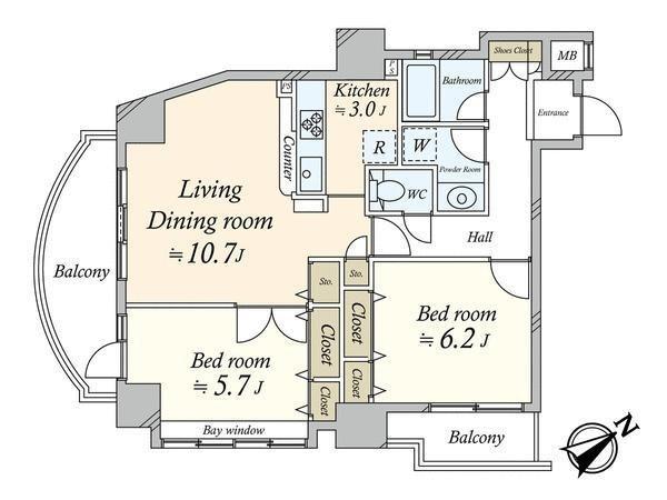 Floor plan. 2LDK, Price 44,800,000 yen, Occupied area 61.84 sq m , Balcony area 11.54 sq m