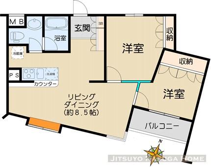 Floor plan. 2LDK, Price 45 million yen, Occupied area 54.54 sq m , Balcony area 3.57 sq m