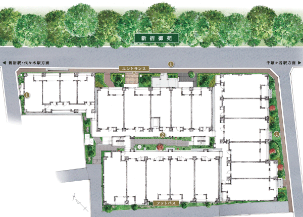 Shared facilities.  [Site deployment plan by taking advantage of location nestling in Shinjuku Gyoen] The site was surrounded by a four-way on the road and footpath, Directing the height and the feeling of freedom of independence. In the center of the site, Such as the provision of the courtyard each other sound with lush greenery, This is my area that can enjoy the calm private to fully. (Site layout)