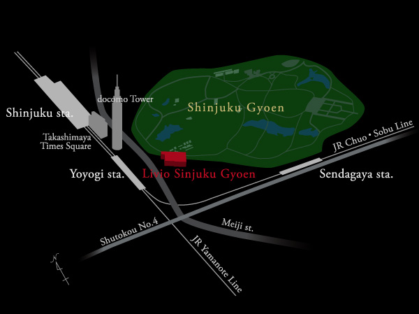 Surrounding environment. You can enjoy the familiar and colorful charm "Shibuya-ku, address". Metropolitan Yoyogi Park ・ Meiji Jingu, Spread lush environment, such as the Meiji Jingu Outer Gardens, Shinjuku Station area a high degree of urban functions are integrated, In the living area also Gaienmae and Omotesando. (The surrounding area conceptual diagram)