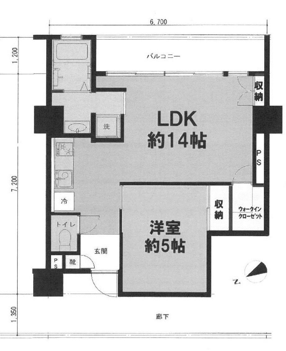 Floor plan. 1LDK, Price 28.5 million yen, Occupied area 46.44 sq m , Balcony area 4.13 sq m