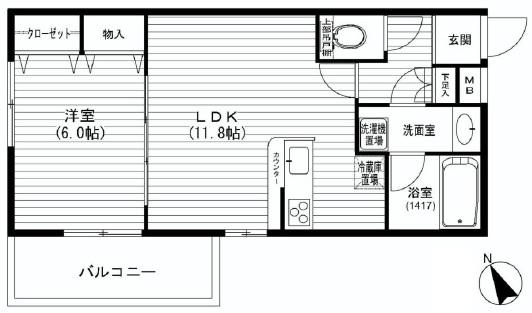 Floor plan. 1LDK, Price 39,800,000 yen, Occupied area 43.42 sq m , Balcony area 6.3 sq m