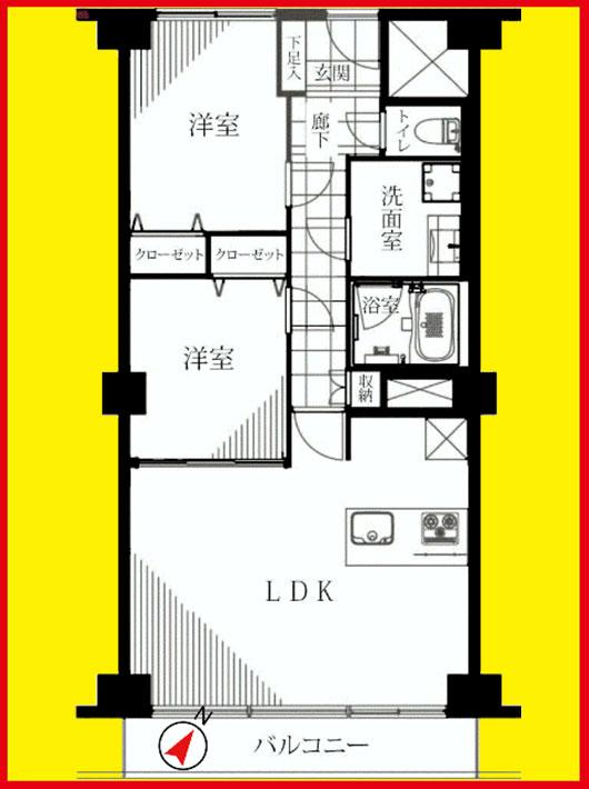 Floor plan. 2LDK, Price 54,800,000 yen, Occupied area 64.98 sq m , Balcony area 8.55 sq m