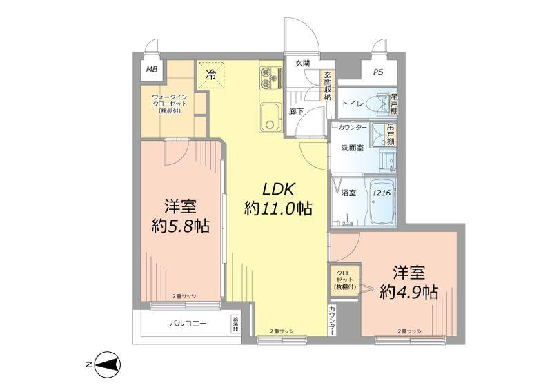 Floor plan. 2LDK, Price 29,900,000 yen, Wide-span dwelling unit of occupied area 48.62 sq m about 6.9m.