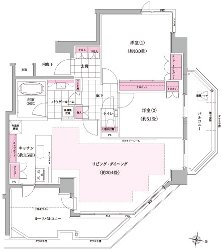 E-type floor plan / 2LDK occupied area: 87.64 sq m Balcony area: 8.87 sq m Roof balcony area: 13.91 sq m